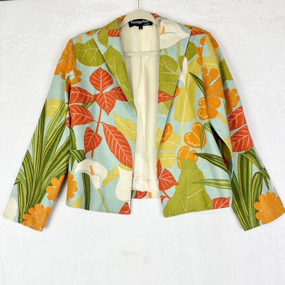Painted Pony Vintage Linen Blend Blazer Jacket Size Small Artsy Tropical Floral